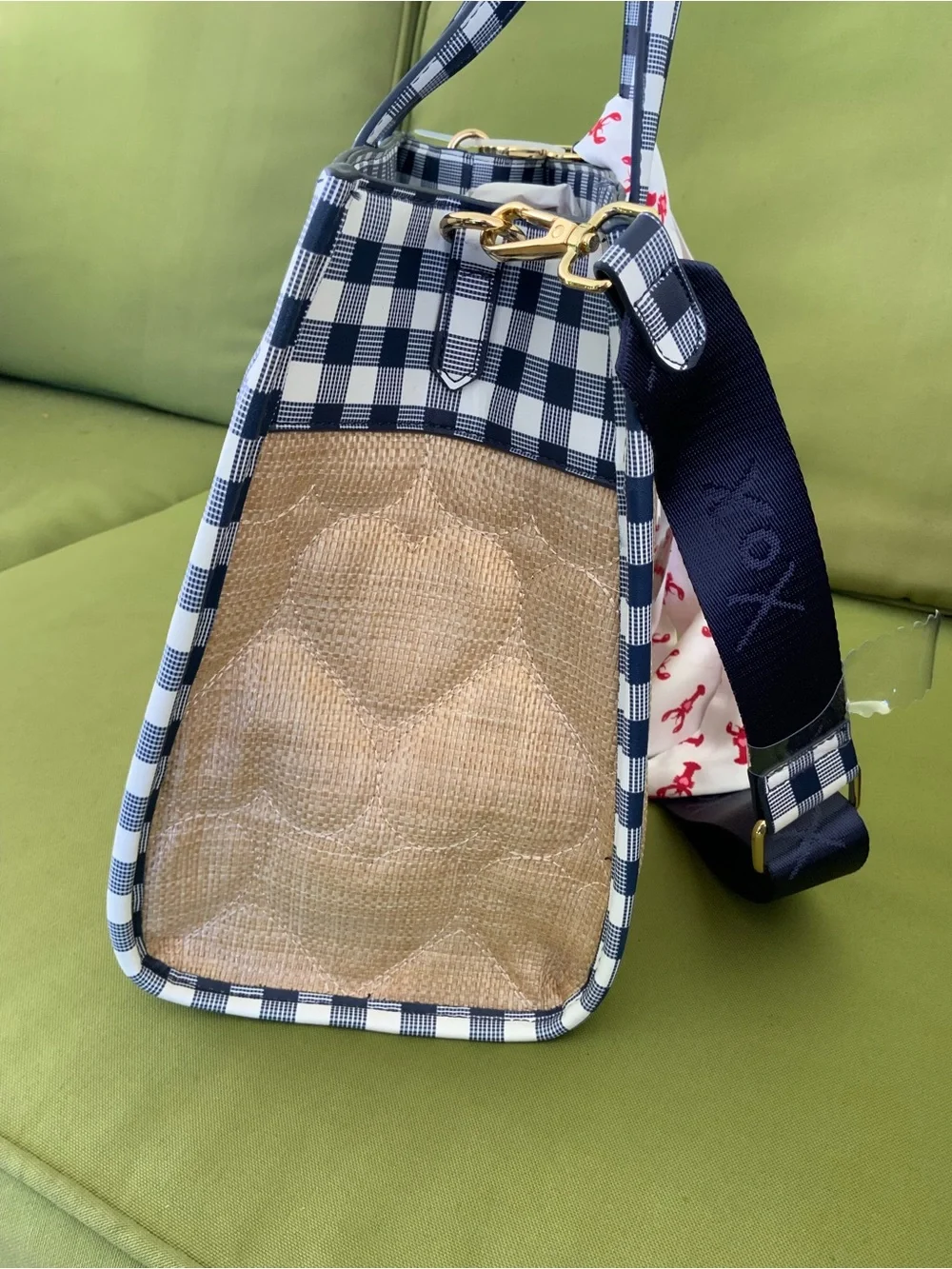 Betsey Johnson Navy and Cream Gingham Straw-Texture Tote with Gold Logo